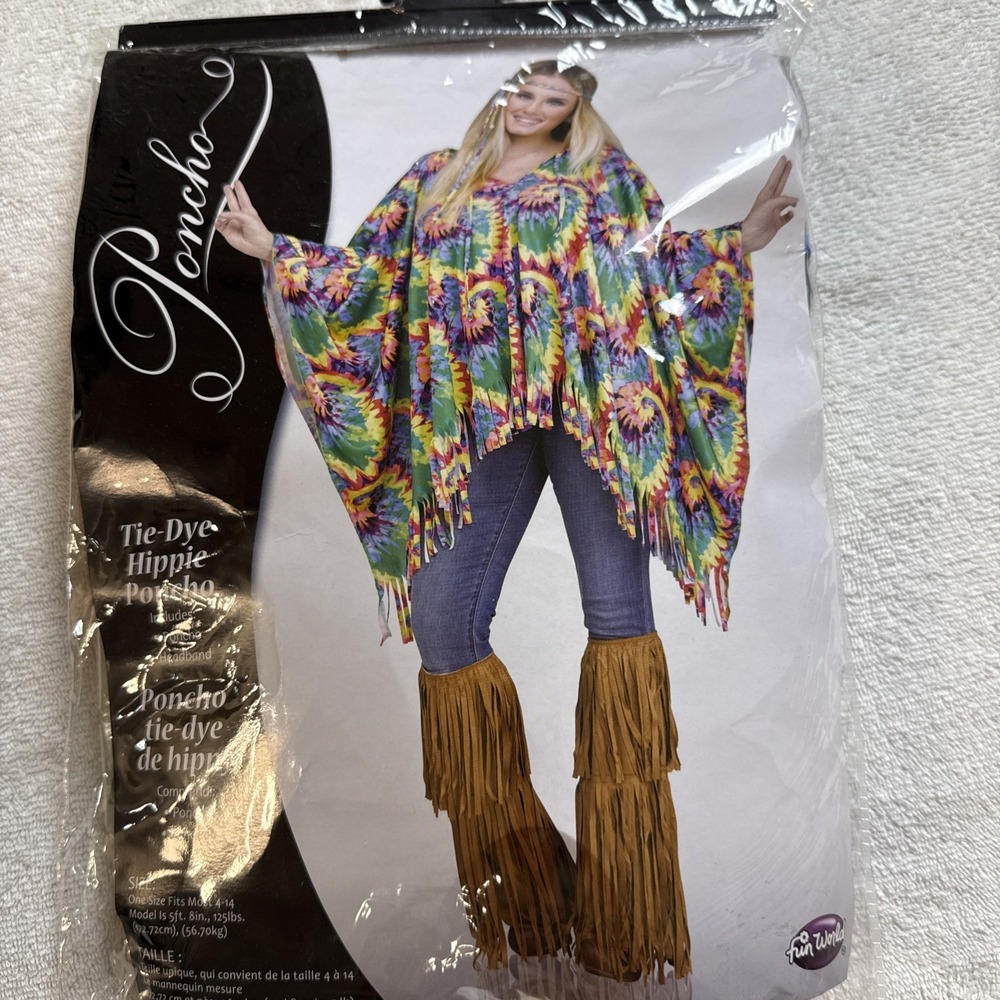 Fun World Tie Dye Hippie Poncho Costume One Size 4-14 Headband 60s 70s New